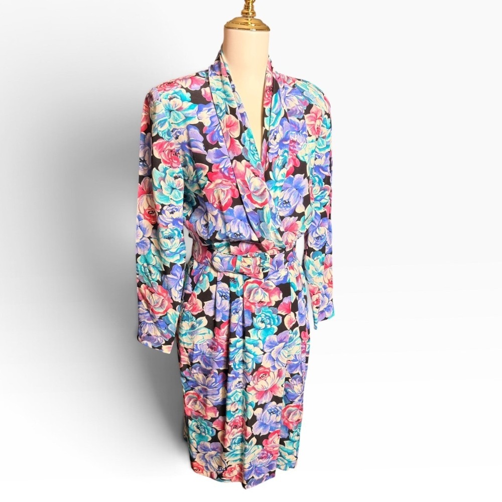 Vintage 80s Liz Claiborne Silk Floral Wrap Midi Dress Belted Size 6P mobwife